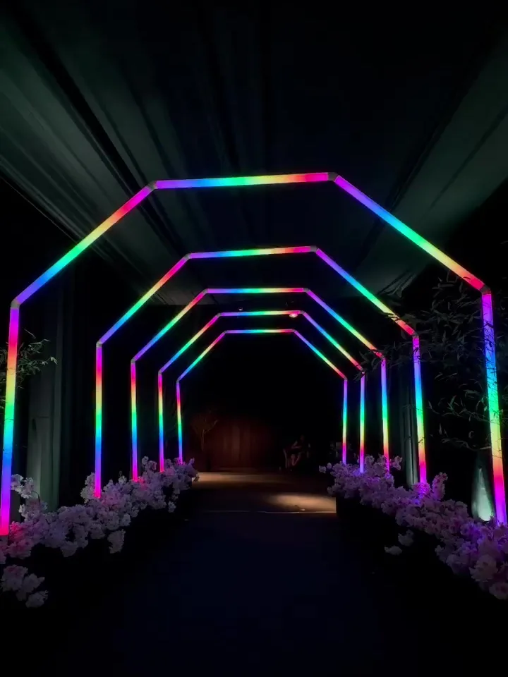 Túnel de Arcos de LED na entrada de uma festa
